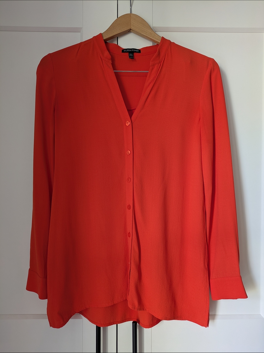 Eileen Fisher 100% Silk Button-Front Blouse | Vibrant Coral/Red | Long Sleeve